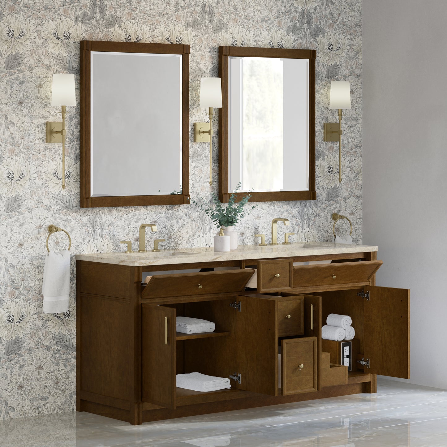 Renovate for Less Atlanta Bellshire 72" Double Vanity, Honey Oak w/ 3 CM Tajnar Eclos Top w/FreePower Wireless Charger