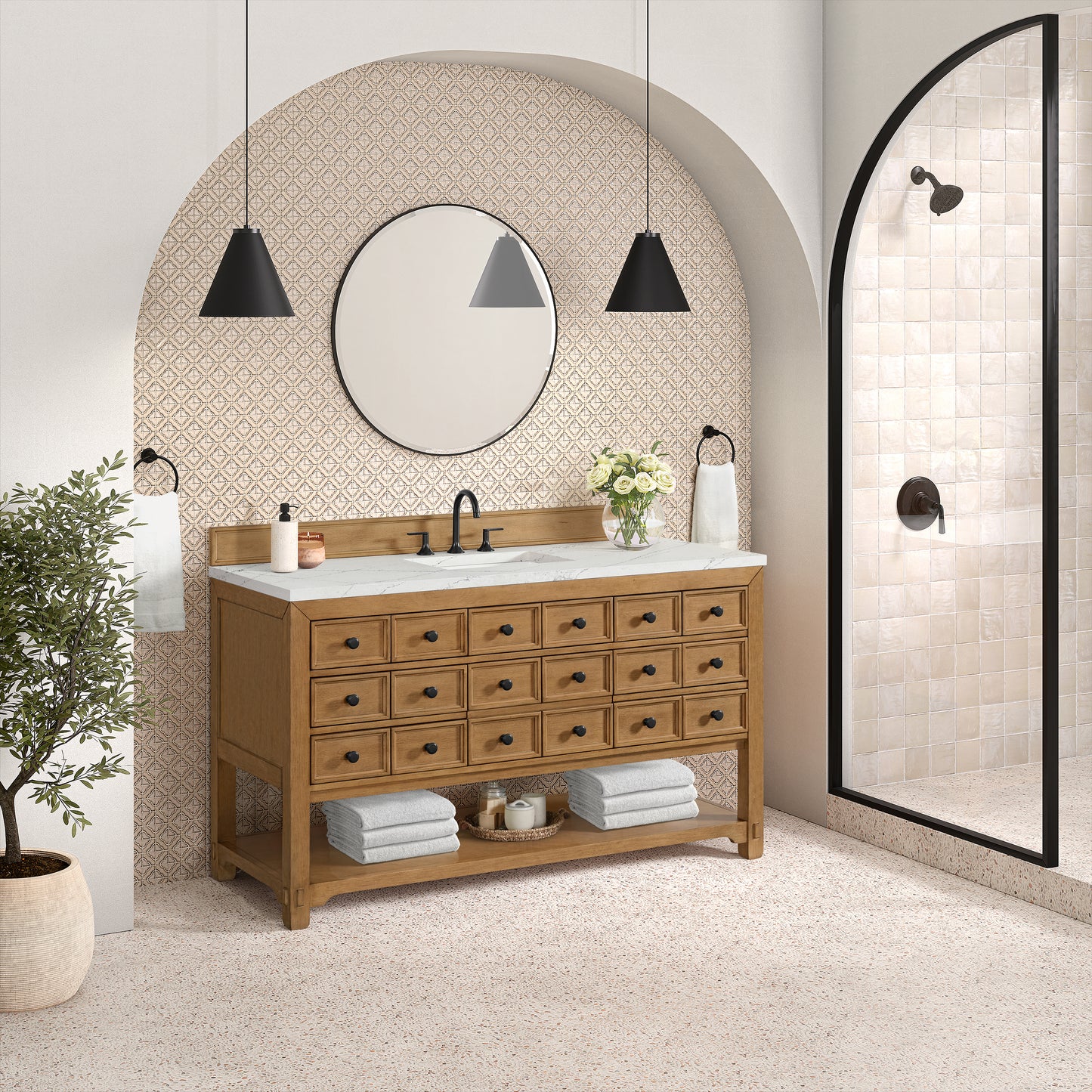 Renovate for Less Atlanta Malibu 60" Single Vanity, Amber Birch w/ 3 CM Ethereal Noctis Top