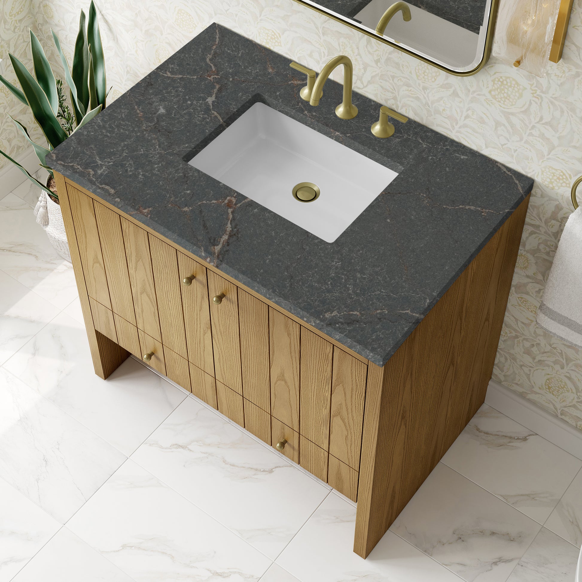 Renovate for Less Atlanta Hudson 36" Single Vanity, Light Natural Oak w/ 3 CM Parisien Bleu Top