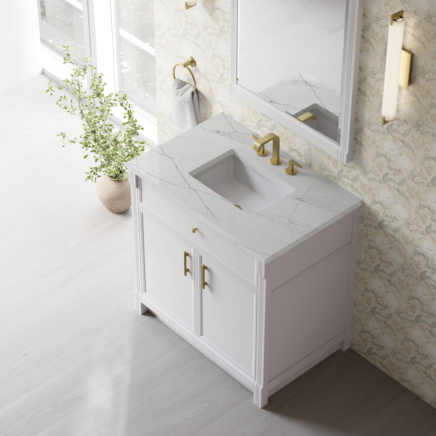 Renovate for Less Atlanta Bellshire 36" Single Vanity, Bright White w/ 3 CM Ethereal Noctis Silestone Top