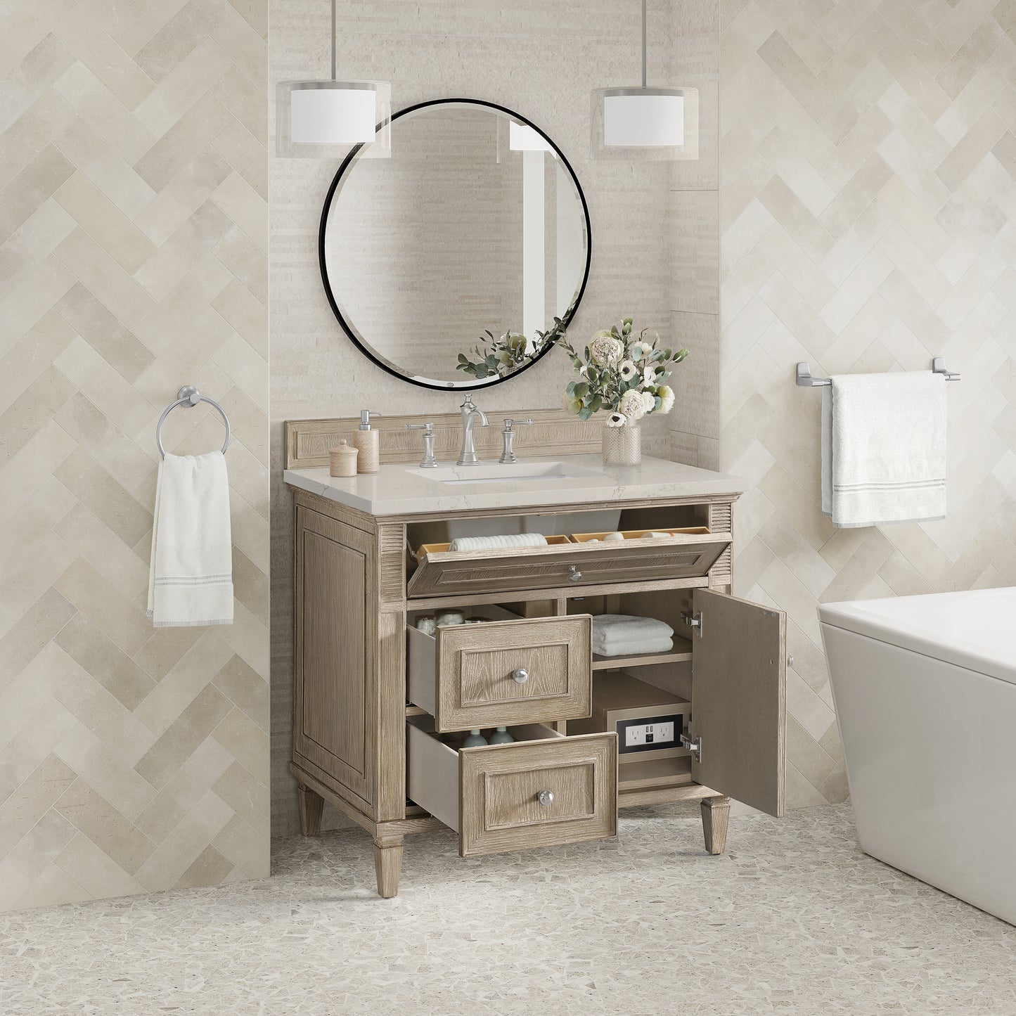 Renovate for Less Atlanta Lorelai 36" Single Vanity, Whitewashed Oak, w/ 3 CM Siberian Silestone Top