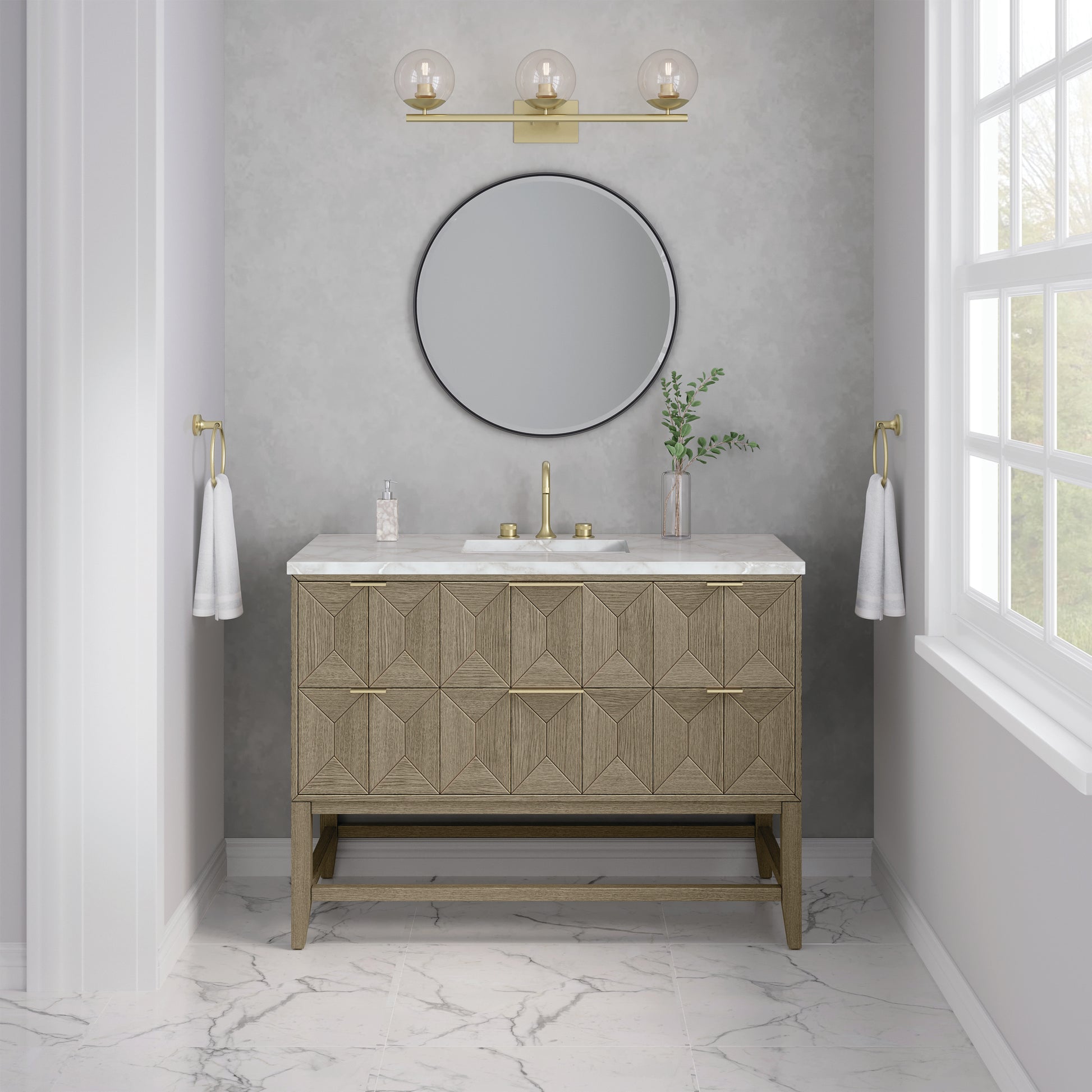 Renovate for Less Atlanta Emmeline 48" Single Vanity, Pebble Oak w/ 3 CM Victorian Silver Silestone Top w/ FreePower Wireless Charger