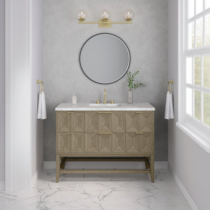 Renovate for Less Atlanta Emmeline 48" Single Vanity, Pebble Oak w/ 3 CM Victorian Silver Silestone Top w/ FreePower Wireless Charger