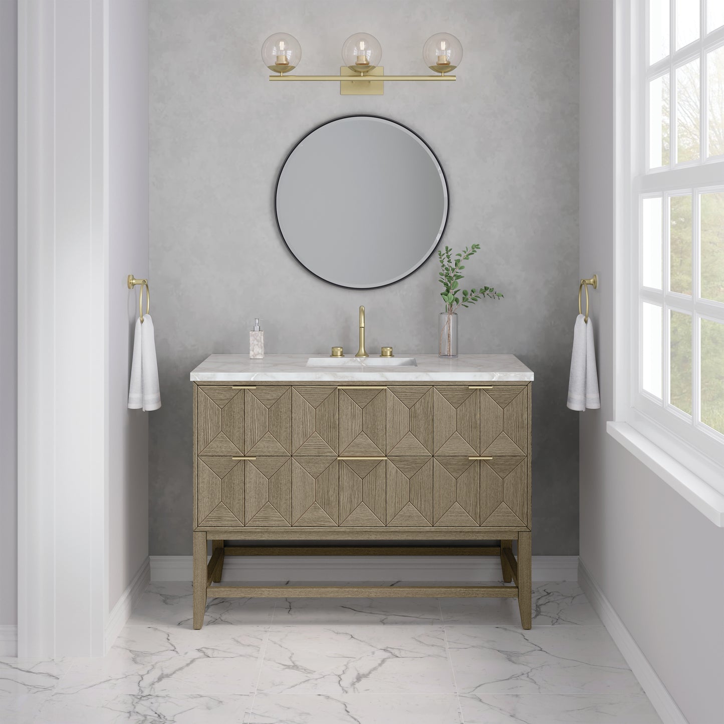 Renovate for Less Atlanta Emmeline 48" Single Vanity, Pebble Oak w/ 3 CM Victorian Silver Silestone Top