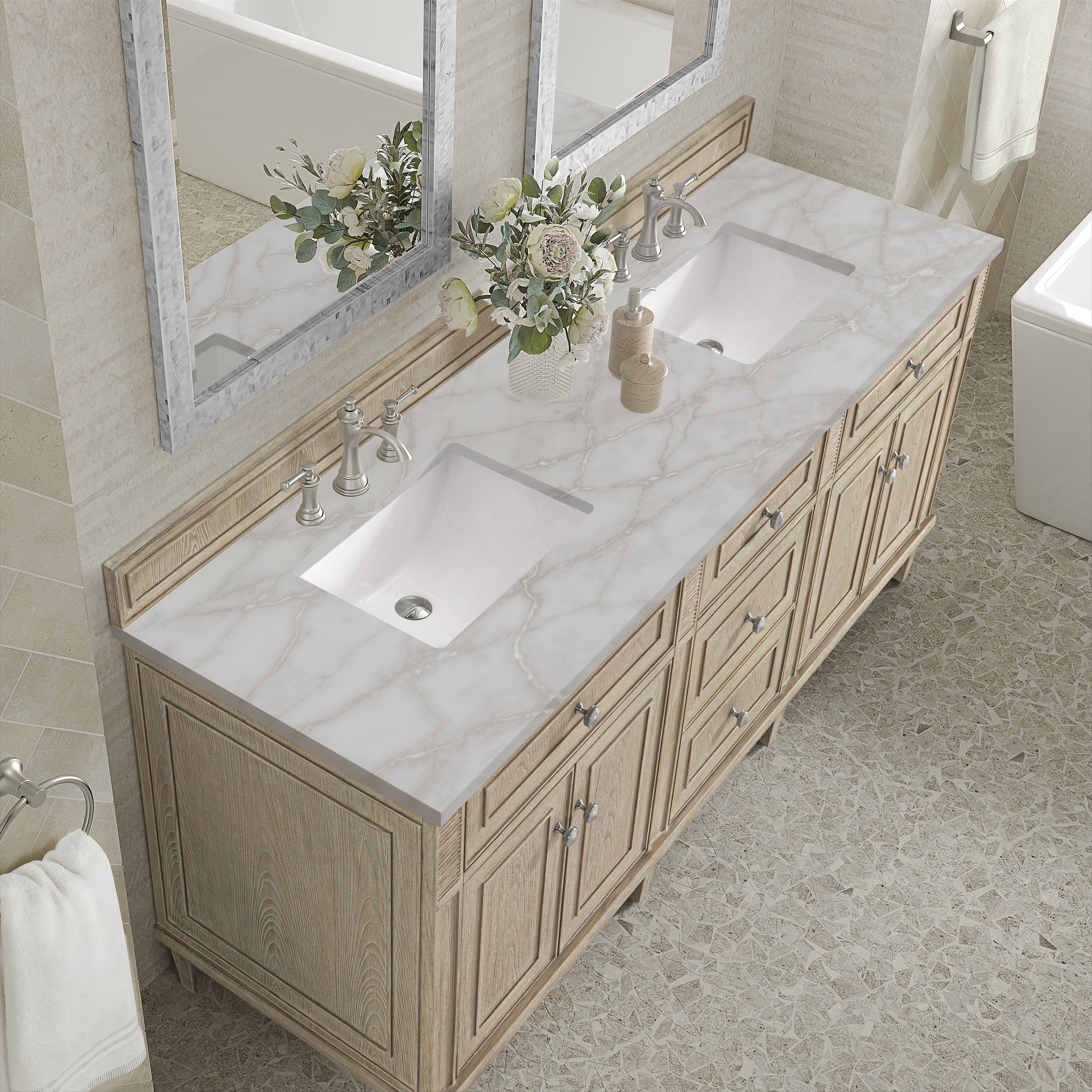 Renovate for Less Atlanta Lorelai 72" Double Vanity, Whitewashed Oak w/ 3 CM Victorian Silver Silestone Top