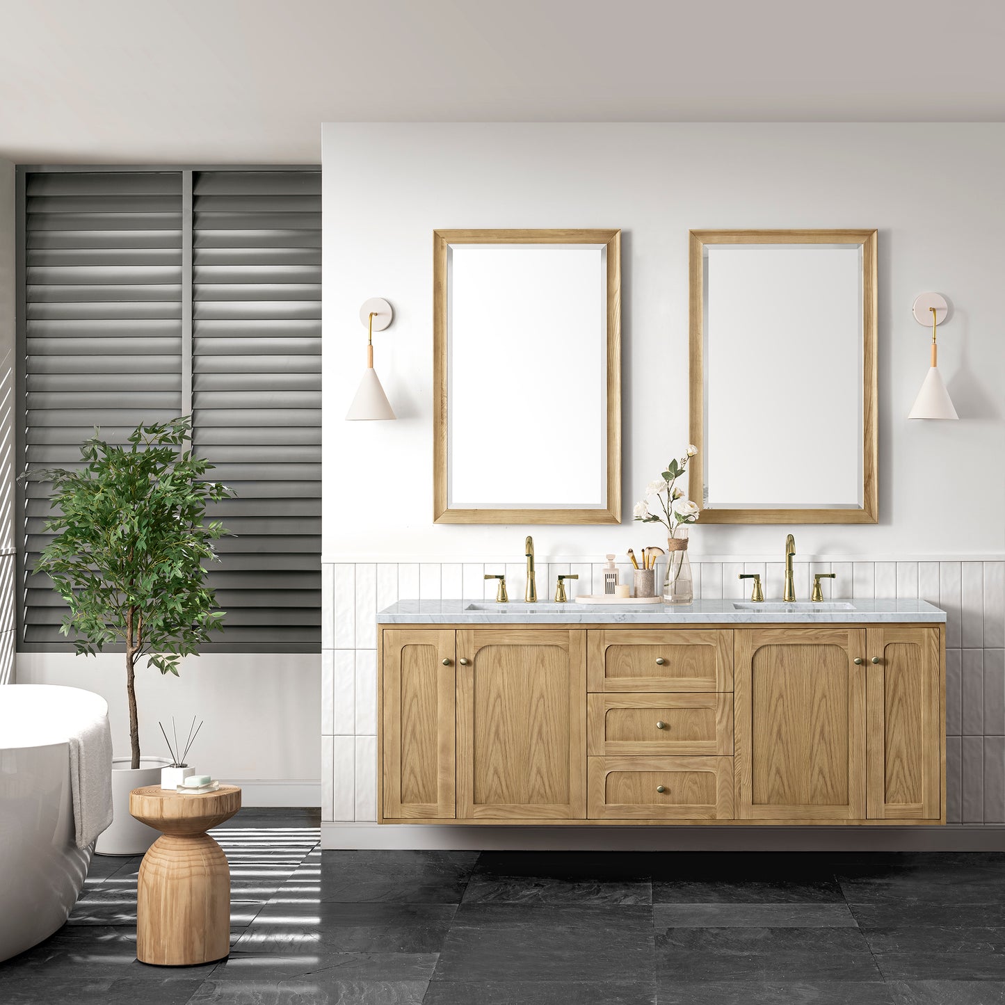 Renovate for Less Atlanta Laurent 72" Double Vanity, Light Natural Oak w/ 3 CM Carrara Marble Top
