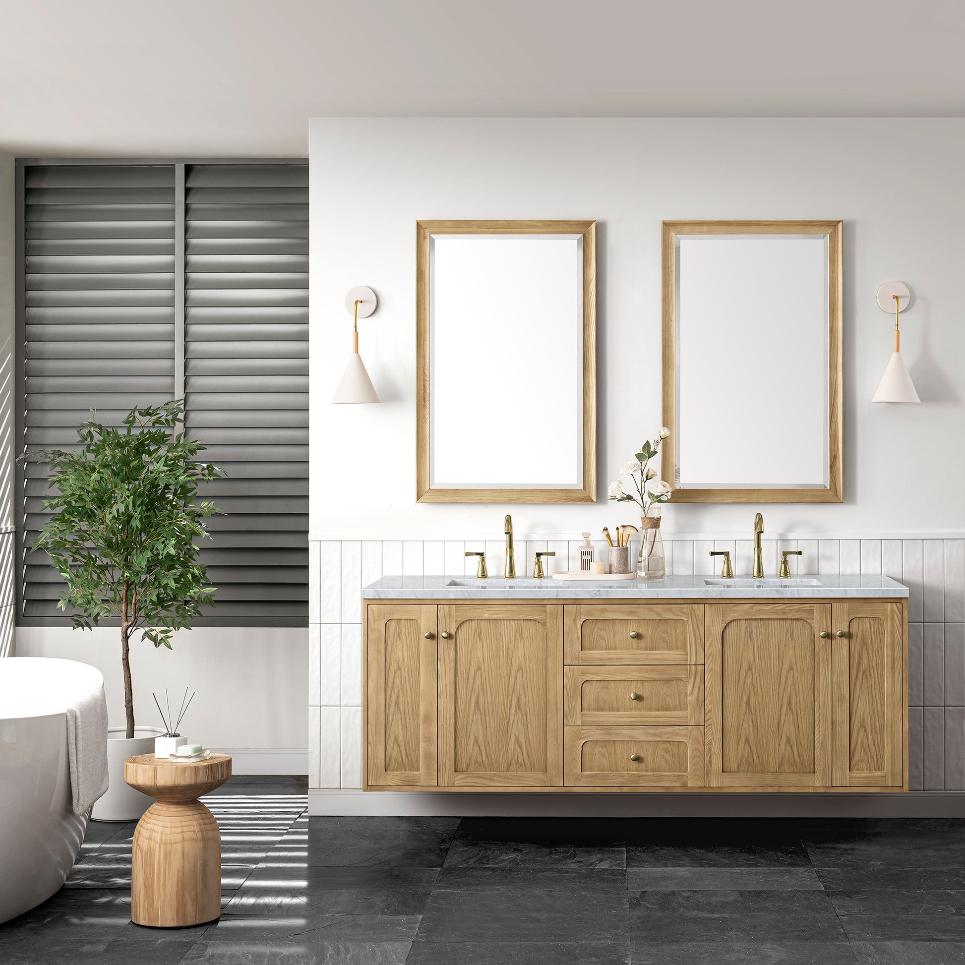 Renovate for Less Atlanta Laurent 72" Double Vanity, Light Natural Oak w/ 3 CM Carrara Marble Top