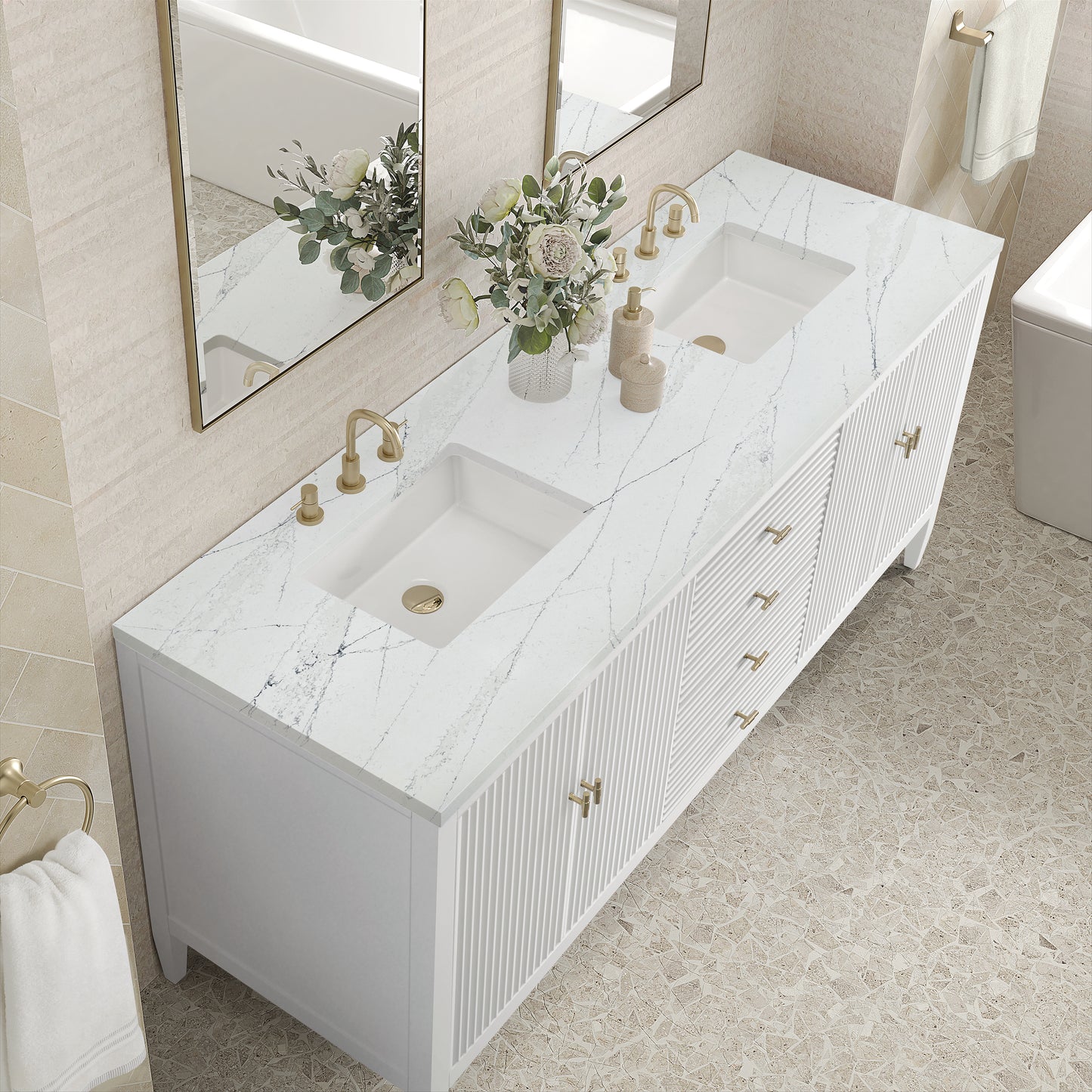 Renovate for Less Atlanta Myrrin 72" Double Vanity, Bright White w/ 3 CM Ethereal Noctis Silestone Top
