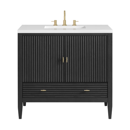 Renovate for Less Atlanta Myrrin 36" Vanity, Carbon Oak w/ 3 CM White Zeus Silestone Top