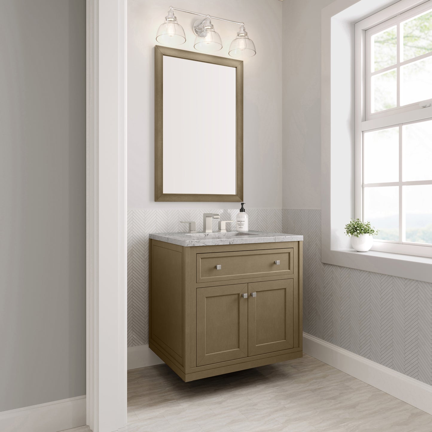 Renovate for Less Atlanta Chicago 30" Single Vanity, Walnut Whisper, w/ 3 CM Eternal Jasmine Pearl Silestone® Top