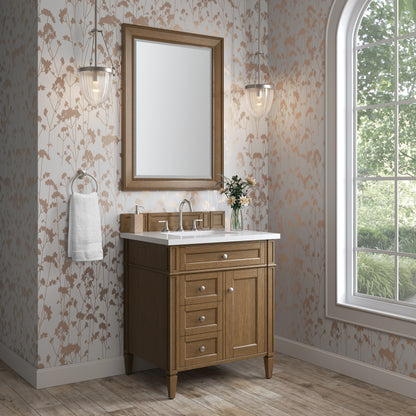 Renovate for Less Atlanta Brittany 30" Single Vanity, Saddle Brown, w/ 3 CM White Zeus Silestone Top