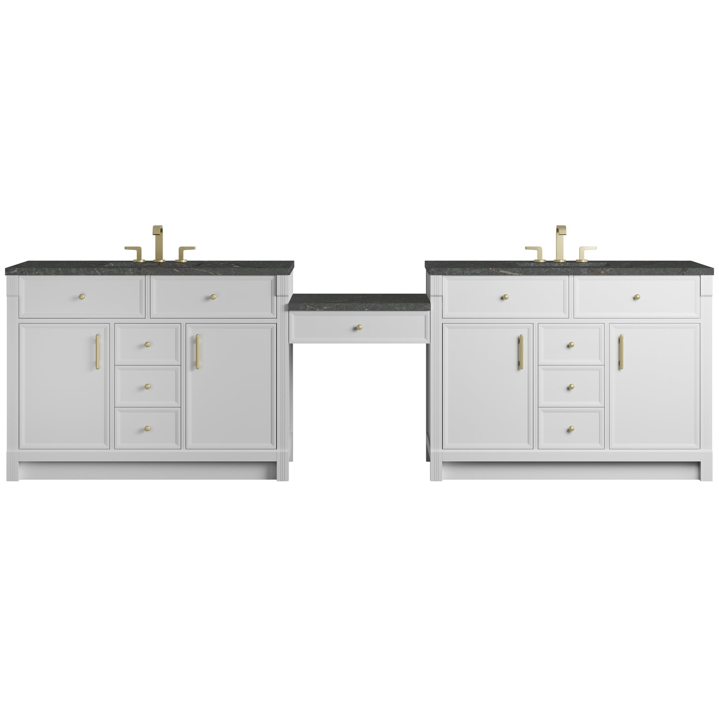 Renovate for Less Atlanta Bellshire 120" Dual Vanity Set with 24" Make-Up Counter, Bright White w/3 cm Parisien Bleu Silestone Top w/FreePower Wireless Charger