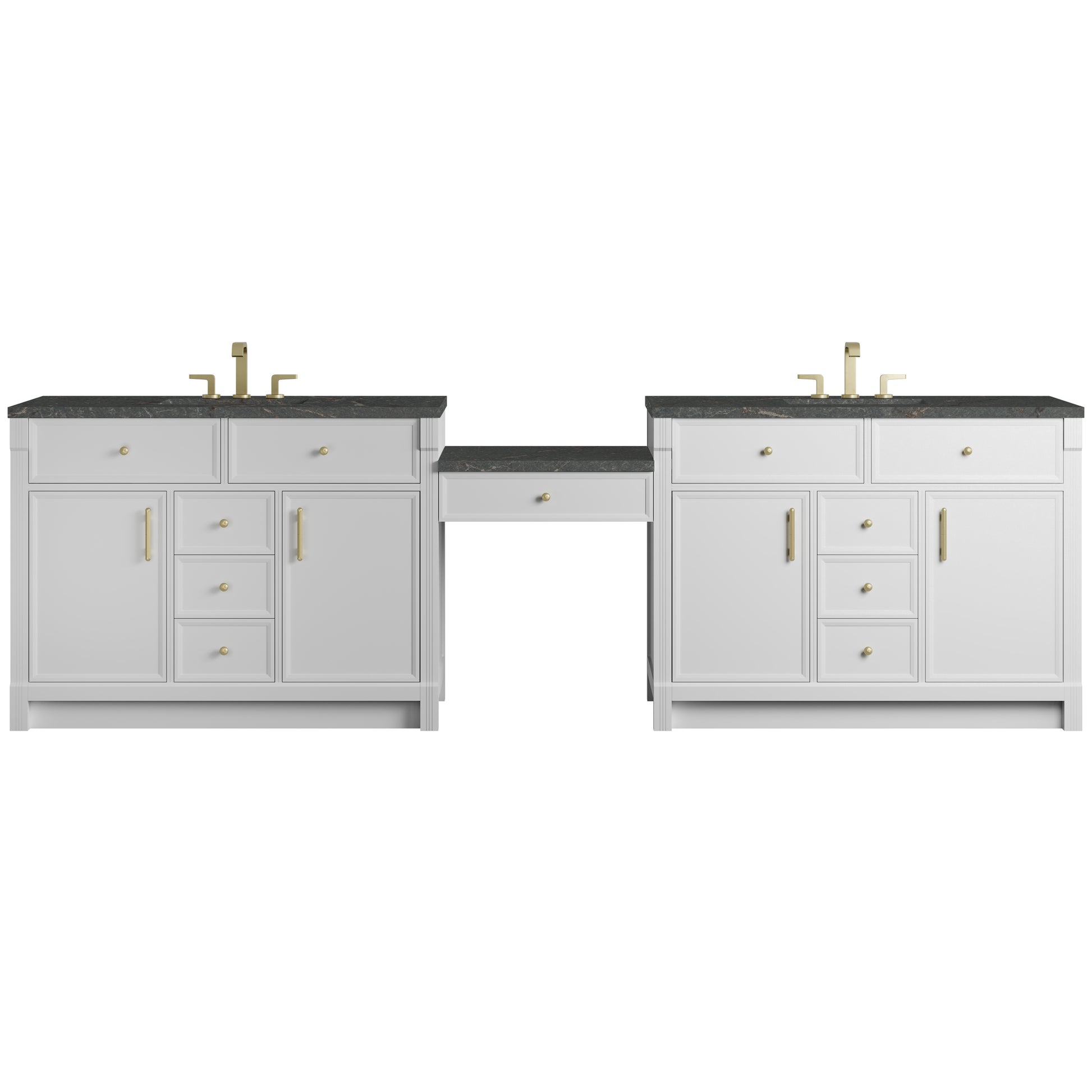 Renovate for Less Atlanta Bellshire 120" Dual Vanity Set with 24" Make-Up Counter, Bright White w/3 cm Parisien Bleu Silestone Top w/FreePower Wireless Charger