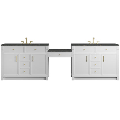 Renovate for Less Atlanta Bellshire 120" Dual Vanity Set with 24" Make-Up Counter, Bright White w/3 cm Parisien Bleu Silestone Top w/FreePower Wireless Charger