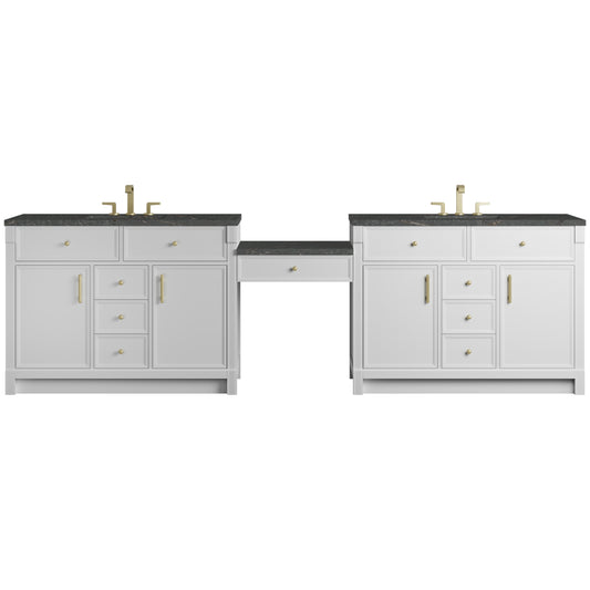 Renovate for Less Atlanta Bellshire 120" Dual Vanity Set with 24" Make-Up Counter, Bright White w/3 cm Parisien Bleu Silestone Top w/FreePower Wireless Charger