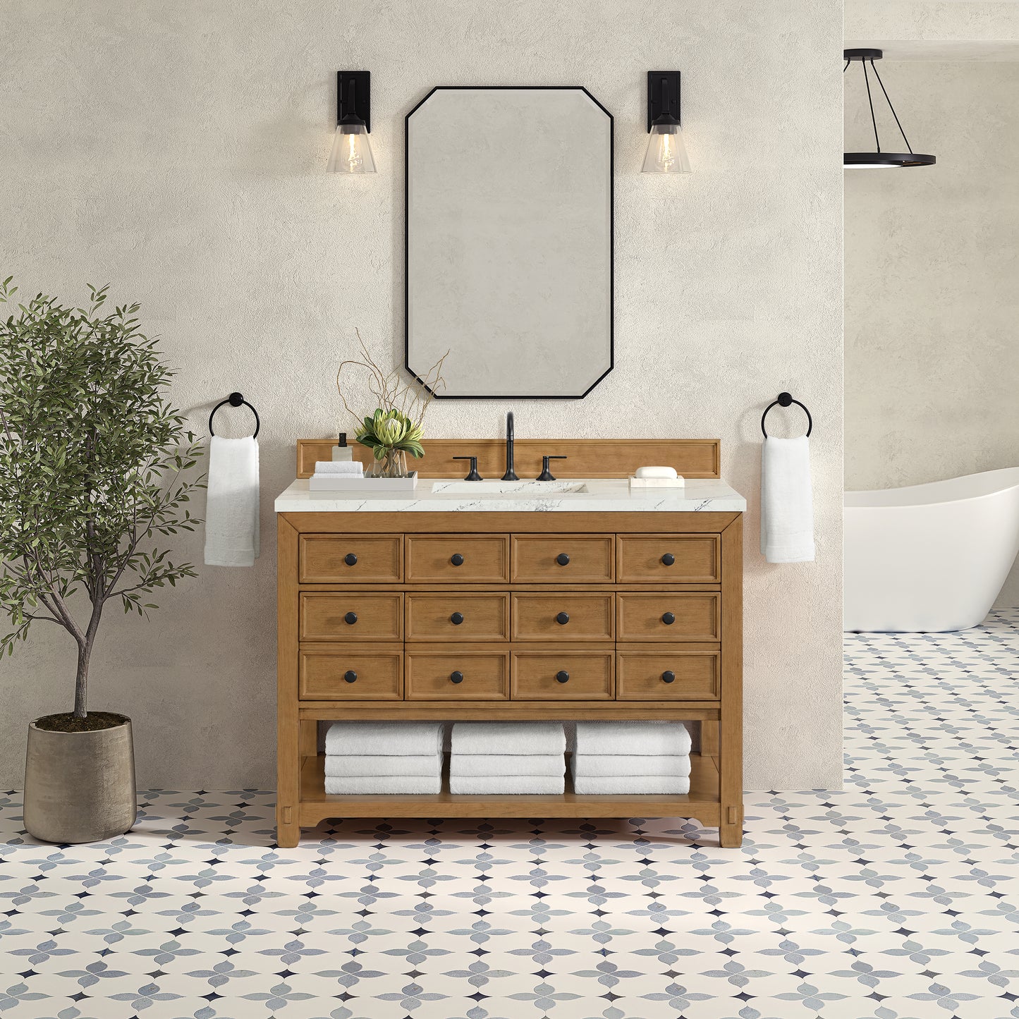 Renovate for Less Atlanta Malibu 48" Single Vanity, Amber Birch w/ 3 CM Ethereal Noctis Silestone Top