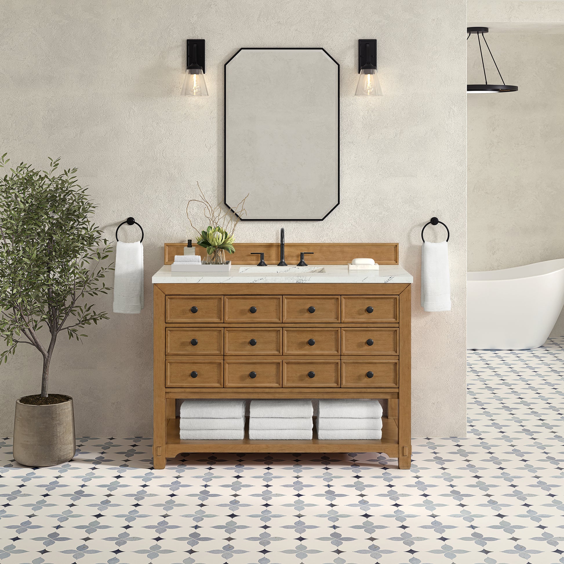 Renovate for Less Atlanta Malibu 48" Single Vanity, Amber Birch w/ 3 CM Ethereal Noctis Silestone Top