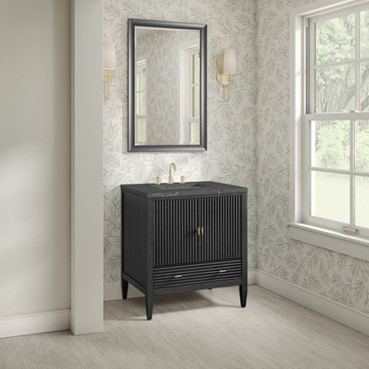 Renovate for Less Atlanta Myrrin 30" Single Vanity, Carbon Oak w/ 3 CM Parisien Bleu Silestone Top