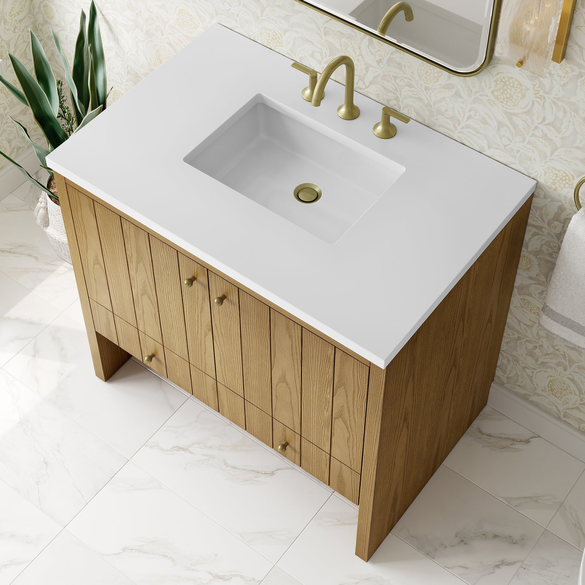 Renovate for Less Atlanta Hudson 36" Single Vanity, Light Natural Oak w/ 3 CM White Zeus Top