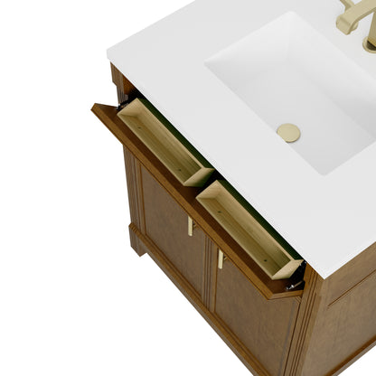 Renovate for Less Atlanta Bellshire 30" Single Vanity, Honey Oak w/ 3 CM Eternal Jasmine Pearl Silestone Top