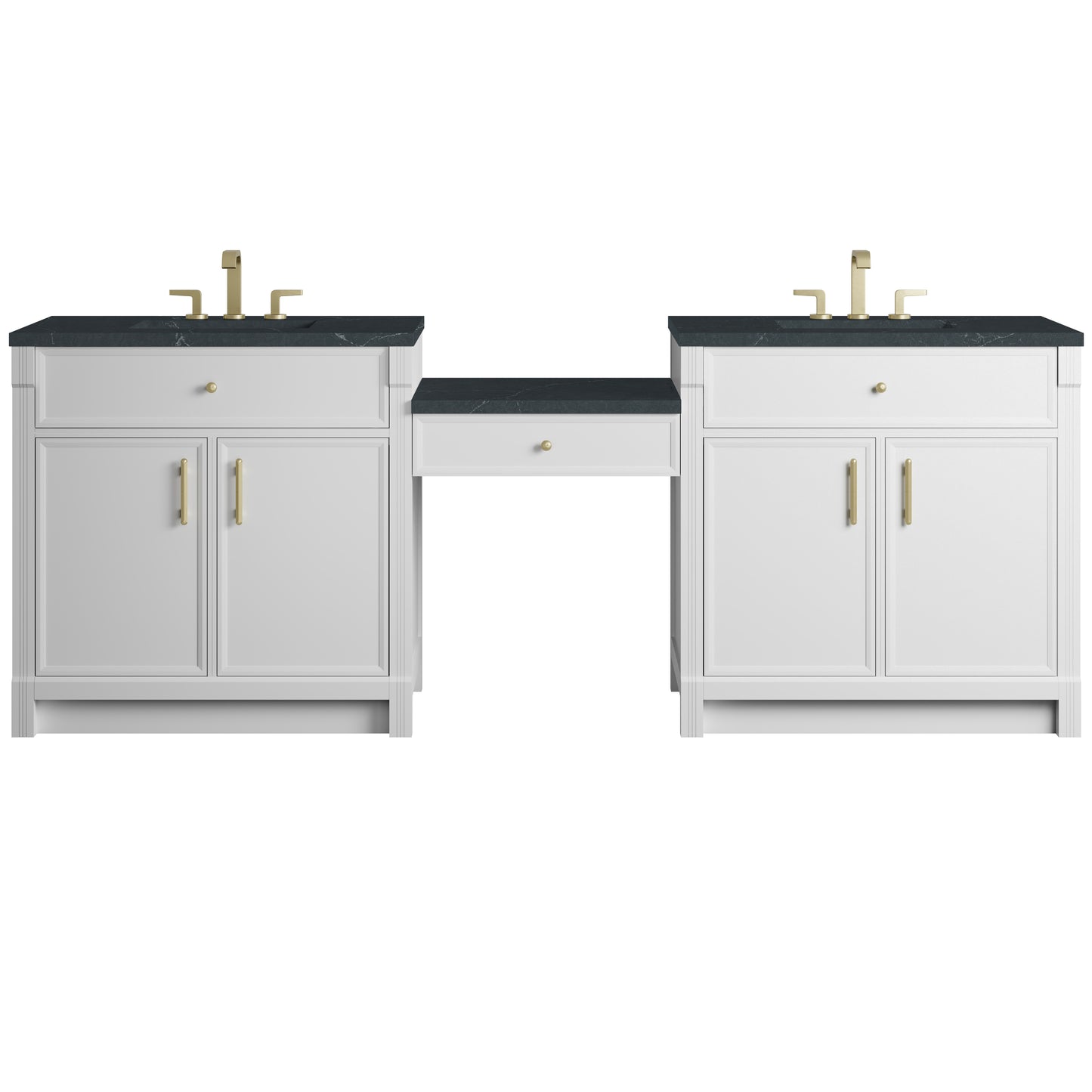 Renovate for Less Atlanta Bellshire 96" Dual Vanity Set with 24" Make-Up Counter, Bright White w/3 cm Charcoal Soapstone Silestone Top