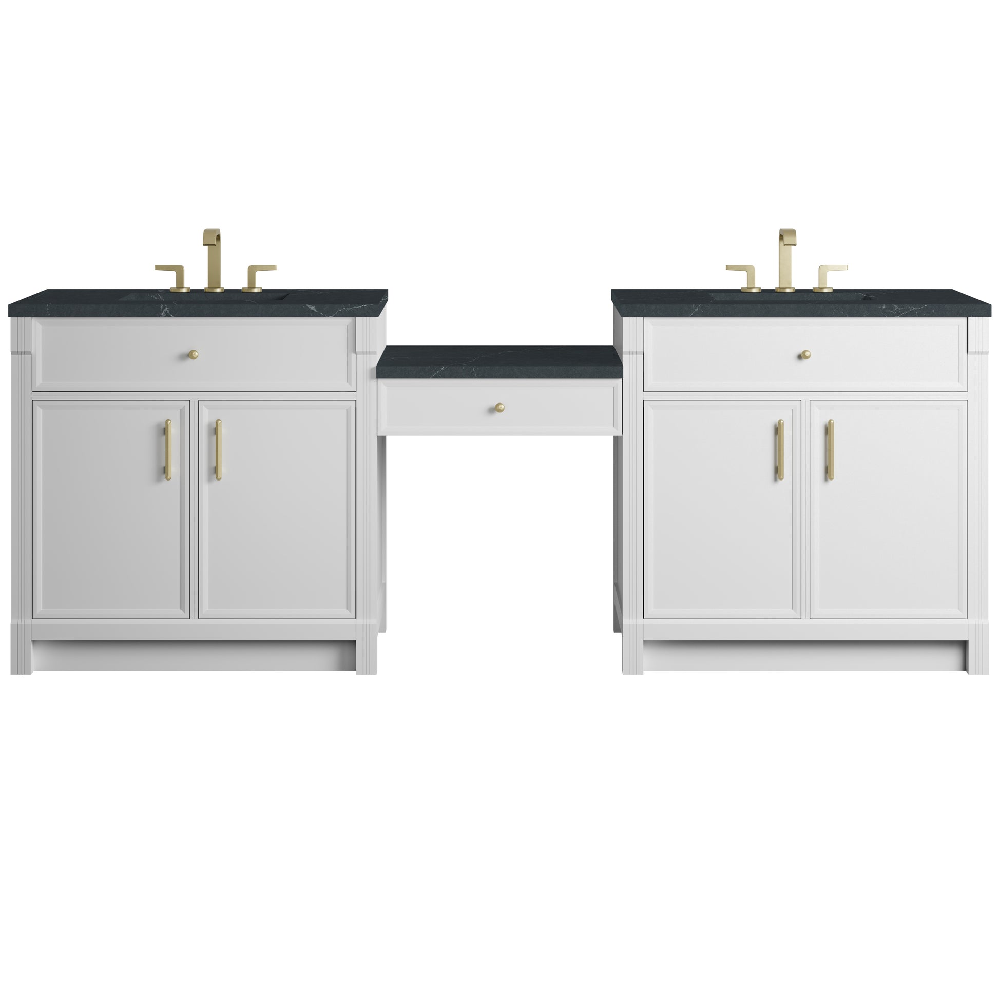 Renovate for Less Atlanta Bellshire 96" Dual Vanity Set with 24" Make-Up Counter, Bright White w/3 cm Charcoal Soapstone Silestone Top