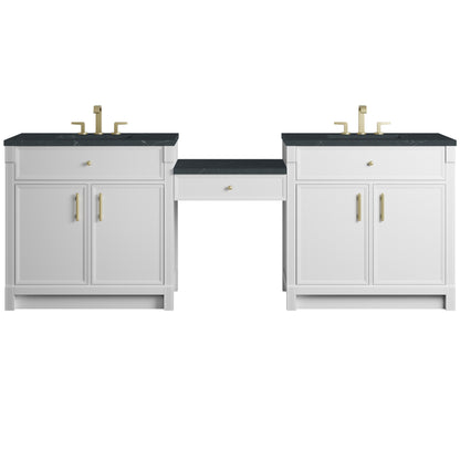 Renovate for Less Atlanta Bellshire 96" Dual Vanity Set with 24" Make-Up Counter, Bright White w/3 cm Charcoal Soapstone Silestone Top