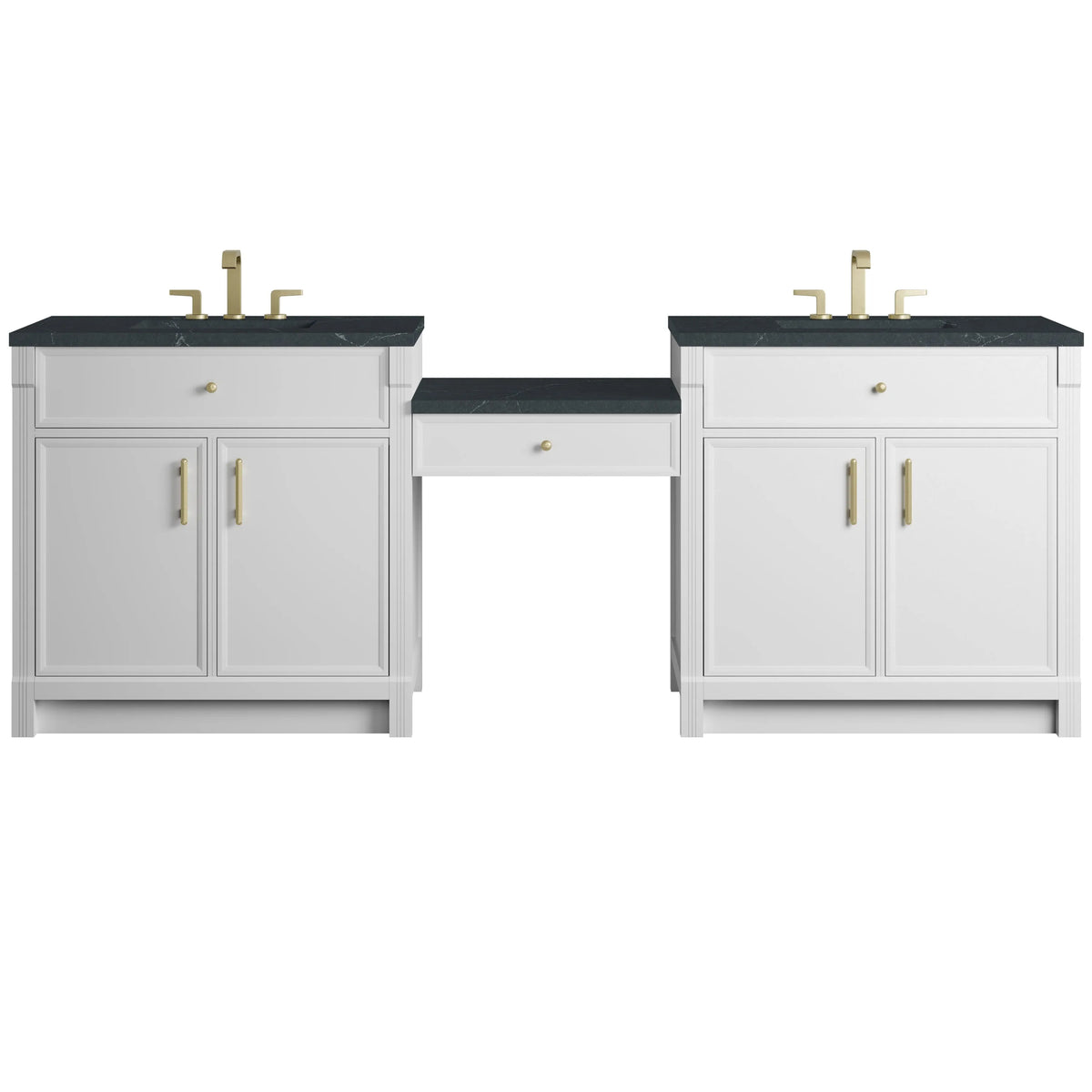 Bellshire 96" Dual Vanity Set with 24" Make-Up Counter, Bright White w/3 cm Charcoal Soapstone Silestone Top