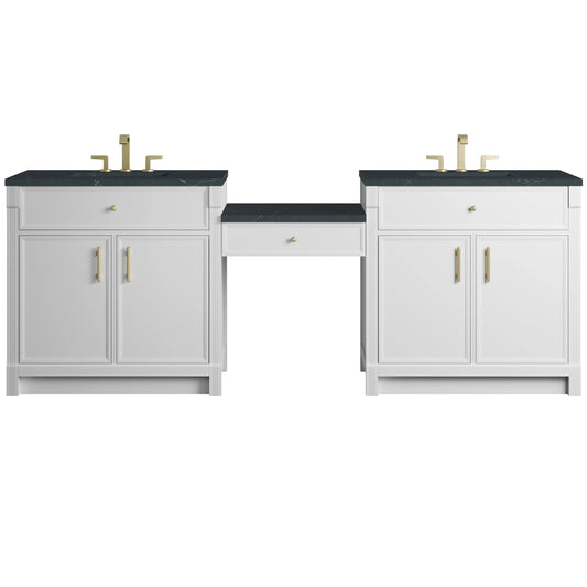 Bellshire 96" Dual Vanity Set with 24" Make-Up Counter, Bright White w/3 cm Charcoal Soapstone Silestone Top