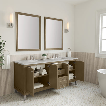 Renovate for Less Atlanta Chicago 72" Double Vanity, Walnut Whisper, w/ 3 CM Victorian Silver Silestone® Top