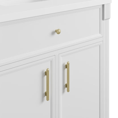 Renovate for Less Atlanta Bellshire 30" Single Vanity, Bright White w/ Single Hole 3 CM White Zeus Silestone Top and Matching Backsplash