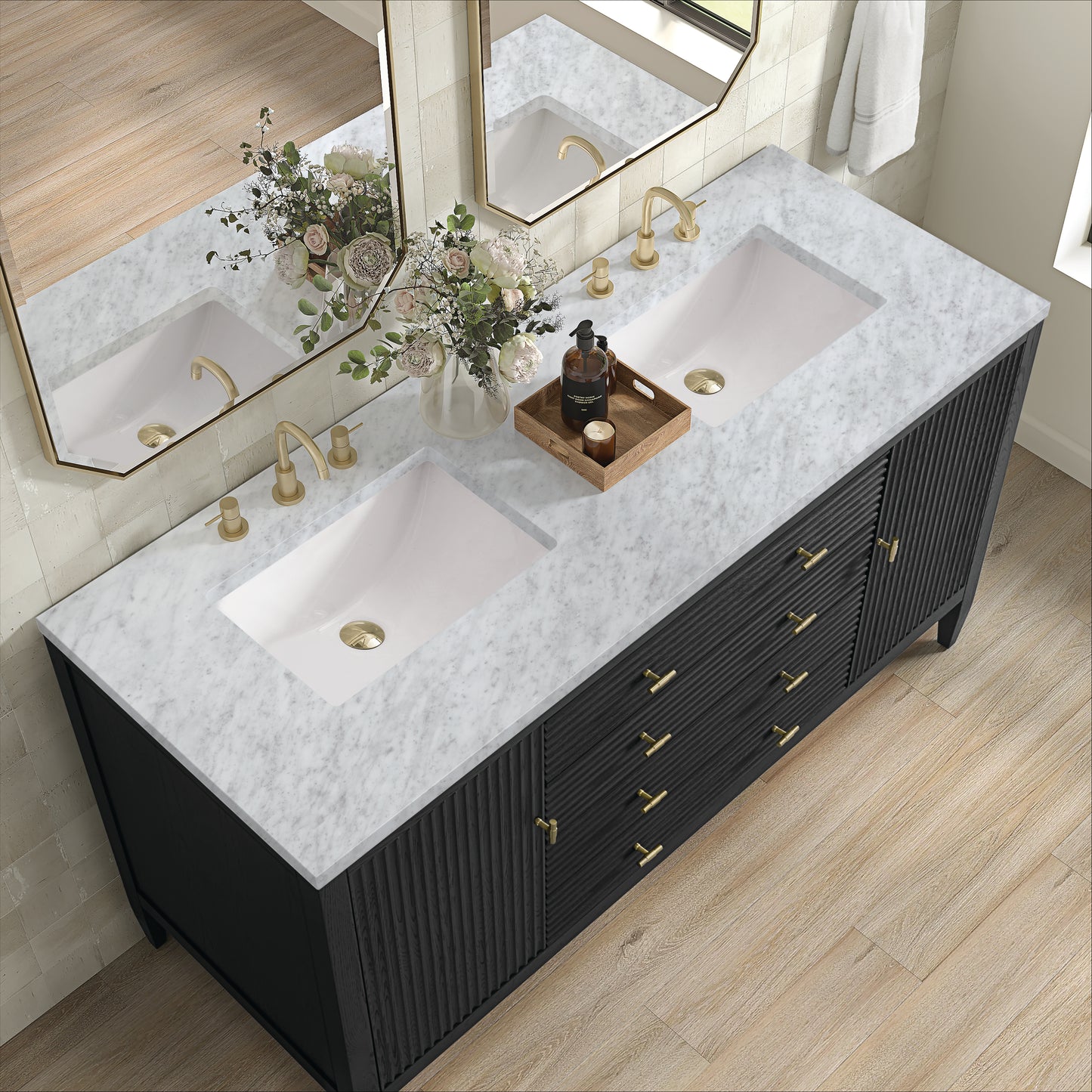 Renovate for Less Atlanta Myrrin 60" Double Vanity, Carbon Oak w/ 3 CM Carrara White Marble Top
