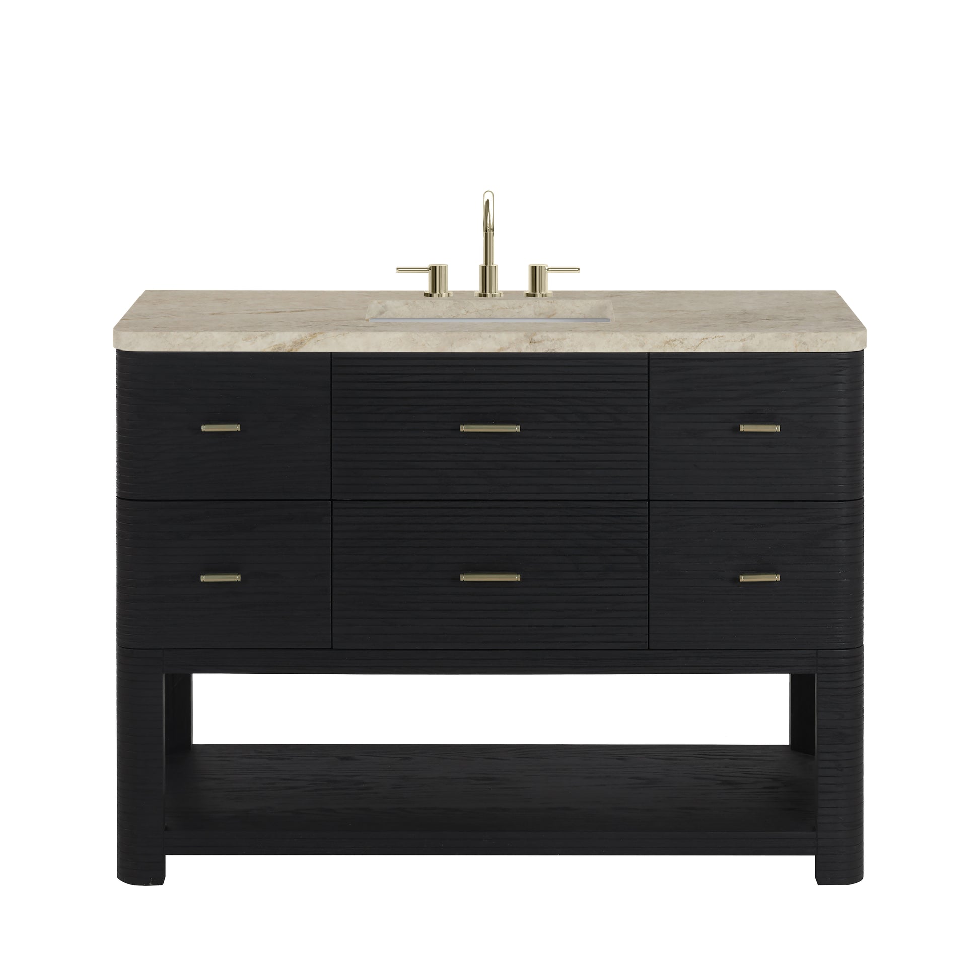 Renovate for Less Atlanta Lucian 48" Single Vanity, Carbon Oak, w/ 3 CM Tajnar Eclos Widespread Top
