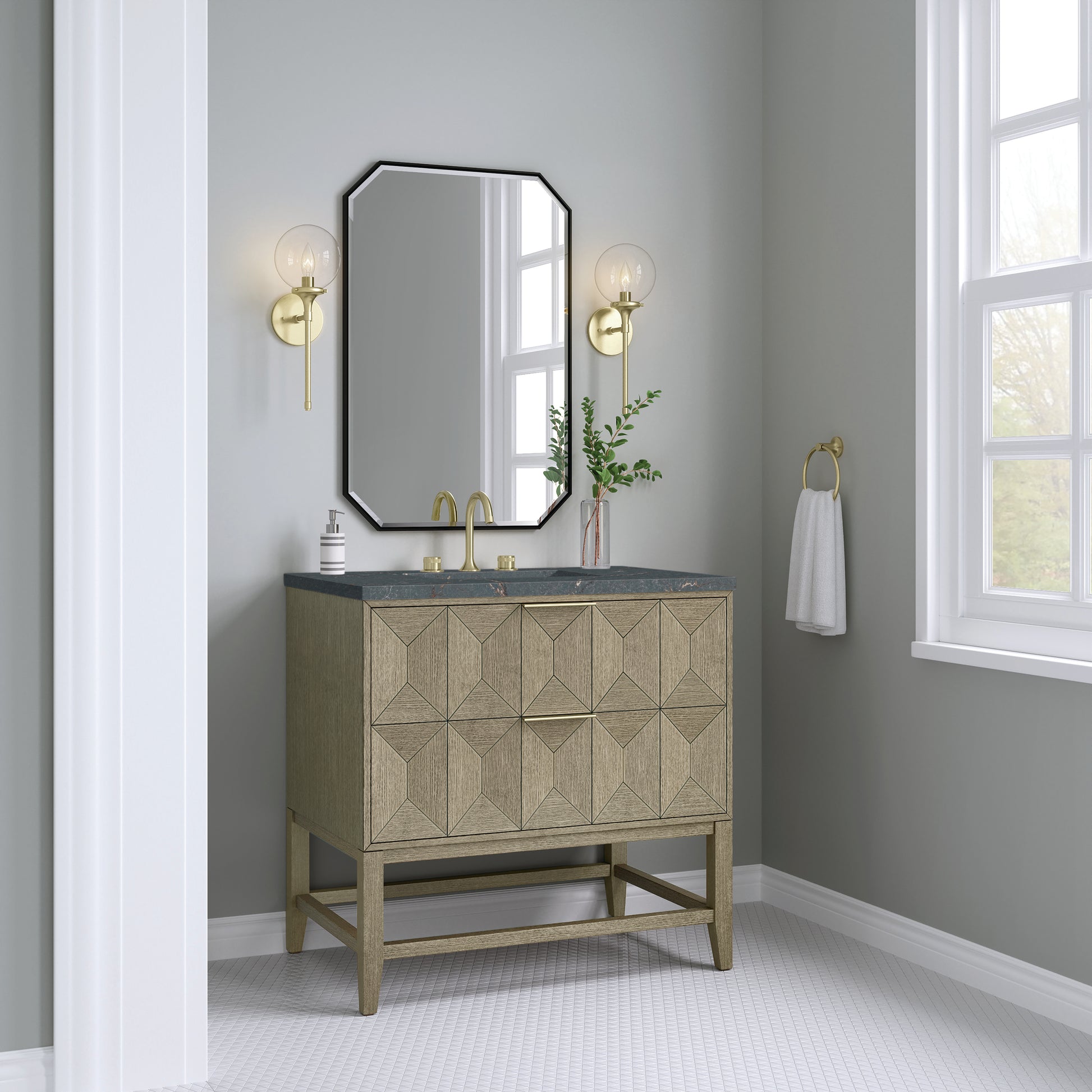 Renovate for Less Atlanta Emmeline 36" Single Vanity, Pebble Oak w/ 3 CM Parisien Bleu Top