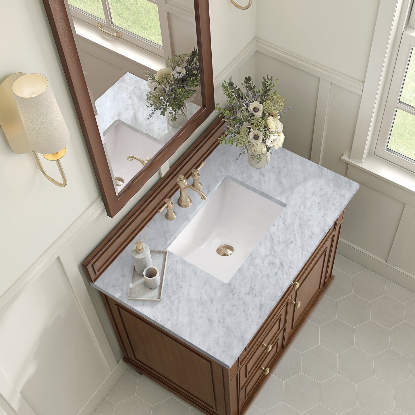 Renovate for Less Atlanta Lorelai 36" Single Vanity, Mid-Century Walnut w/ 3 CM Carrara White Marble Top
