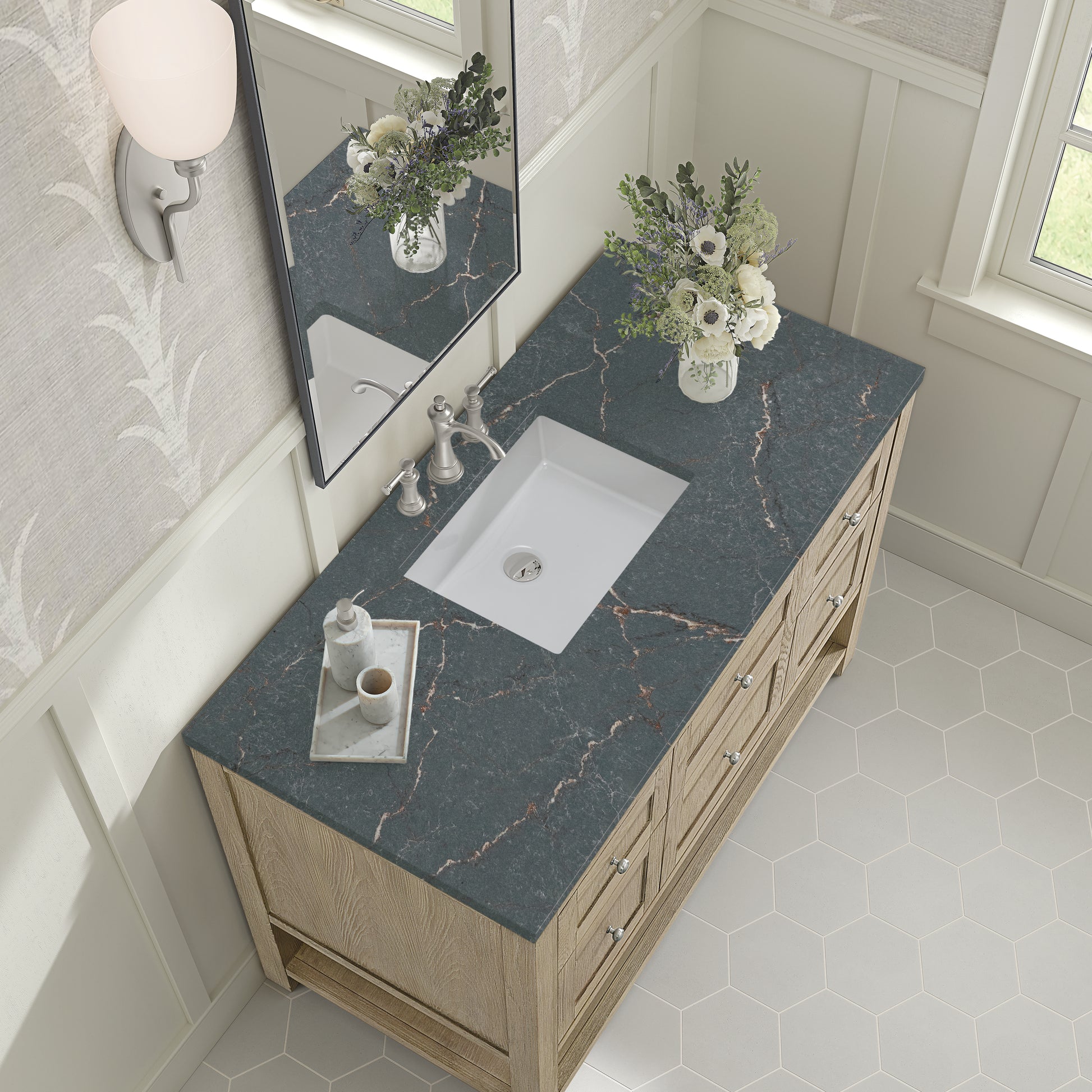 Renovate for Less Atlanta Breckenridge 48" Single Vanity, Whitewashed Oak w/ 3 CM Parisien Bleu Silestone Top