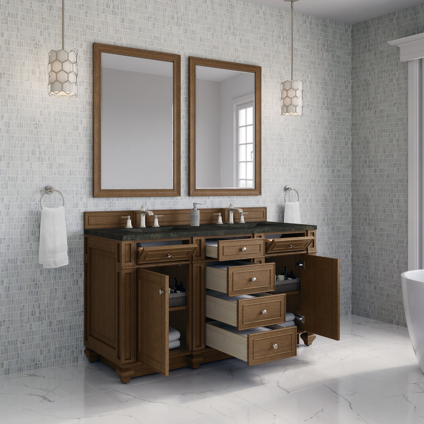 Renovate for Less Atlanta Bristol 60" Double Vanity, Saddle Brown, w/ 3 CM Phantome Eclos Top