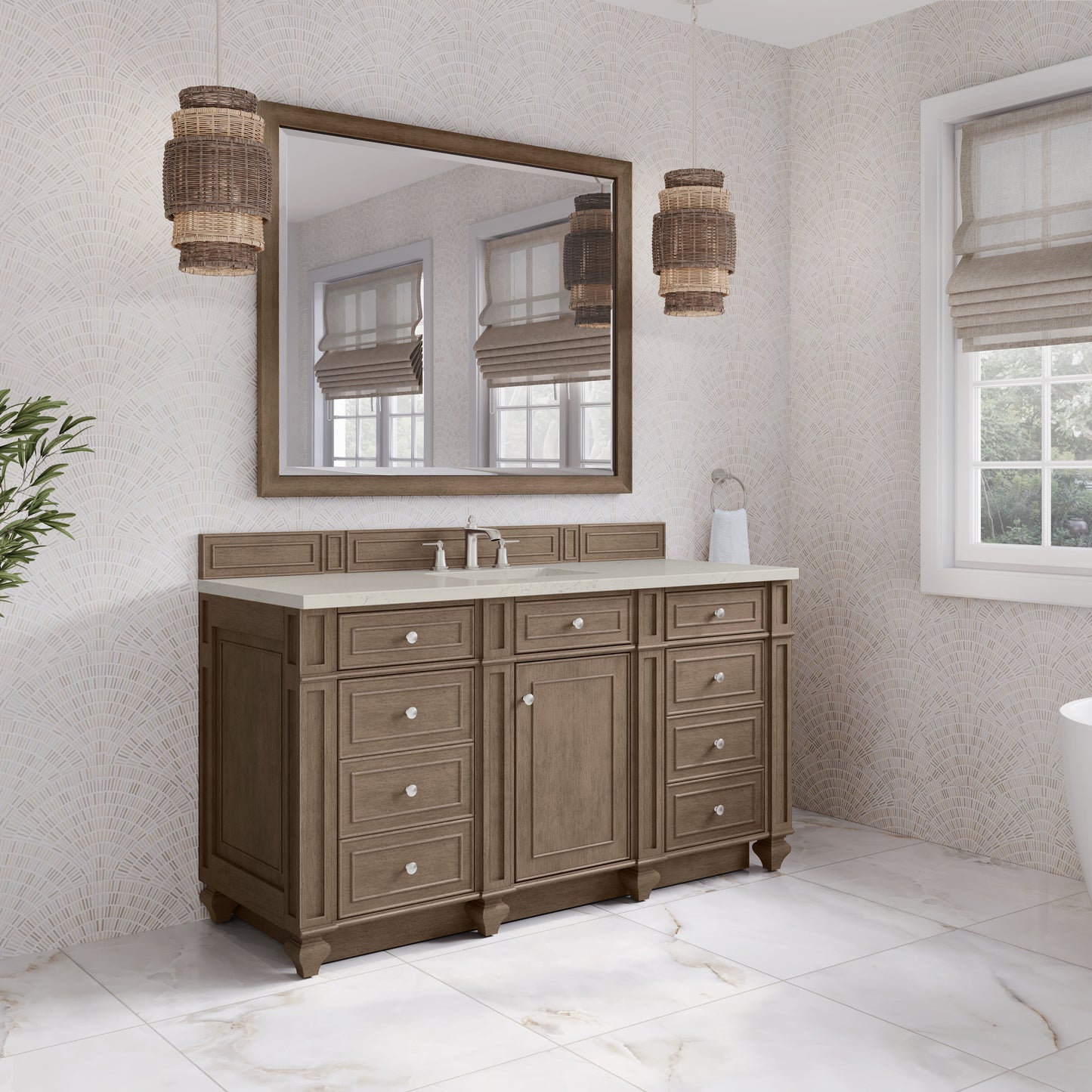Renovate for Less Atlanta Bristol 60" Single Vanity Whitewashed Walnut, w/ 3 CM Siberian Silestone Top