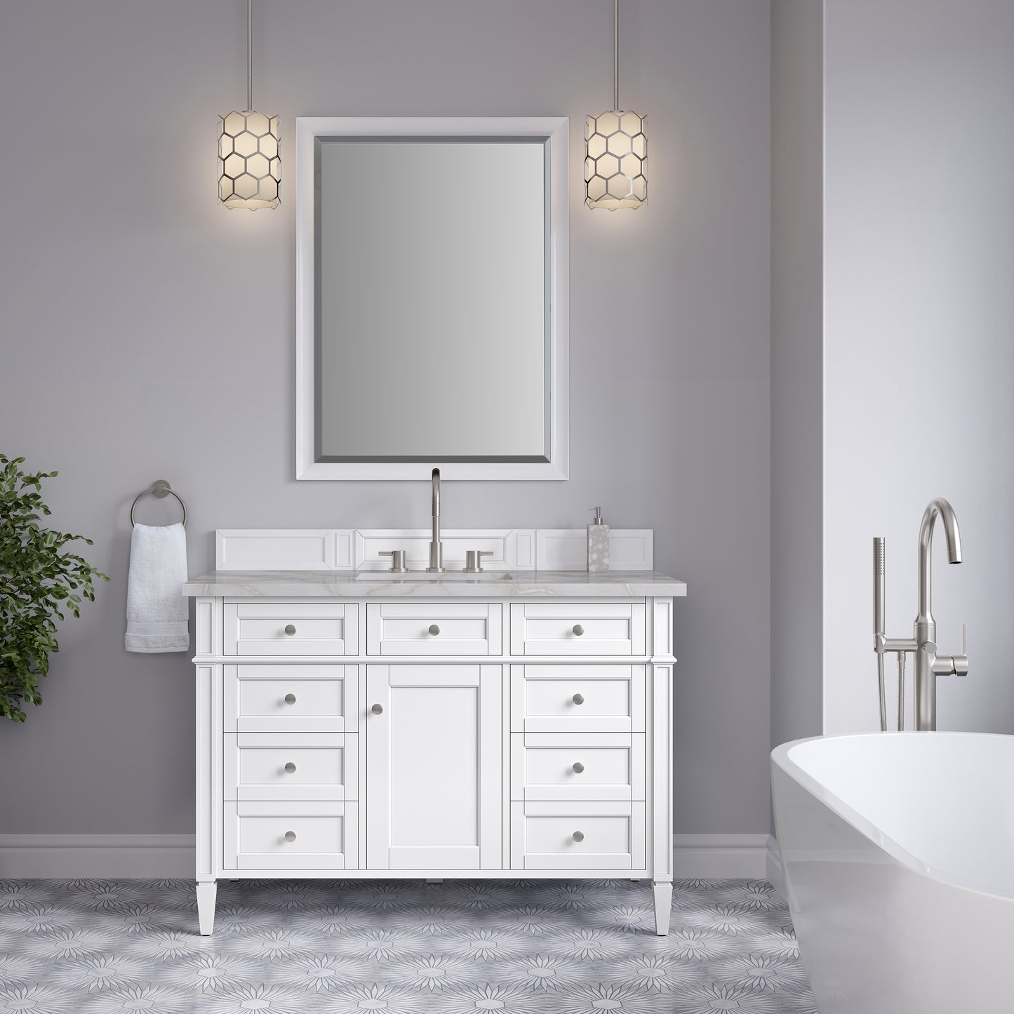 Renovate for Less Atlanta Brittany 48" Single Vanity, Bright White w/ 3 CM Victorian Silver Silestone Top