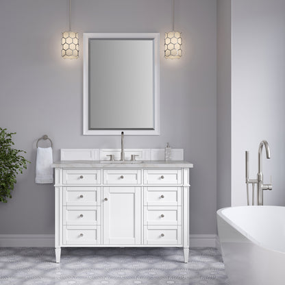 Renovate for Less Atlanta Brittany 48" Single Vanity, Bright White w/ 3 CM Victorian Silver Silestone Top