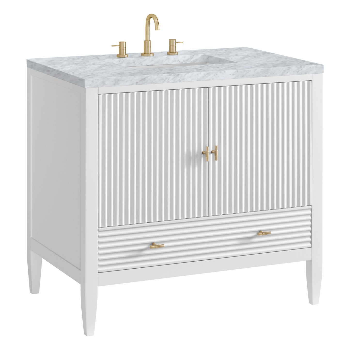 Renovate for Less Atlanta Myrrin 36" Vanity, Bright White w/ 3 CM Carrara White Marble Top