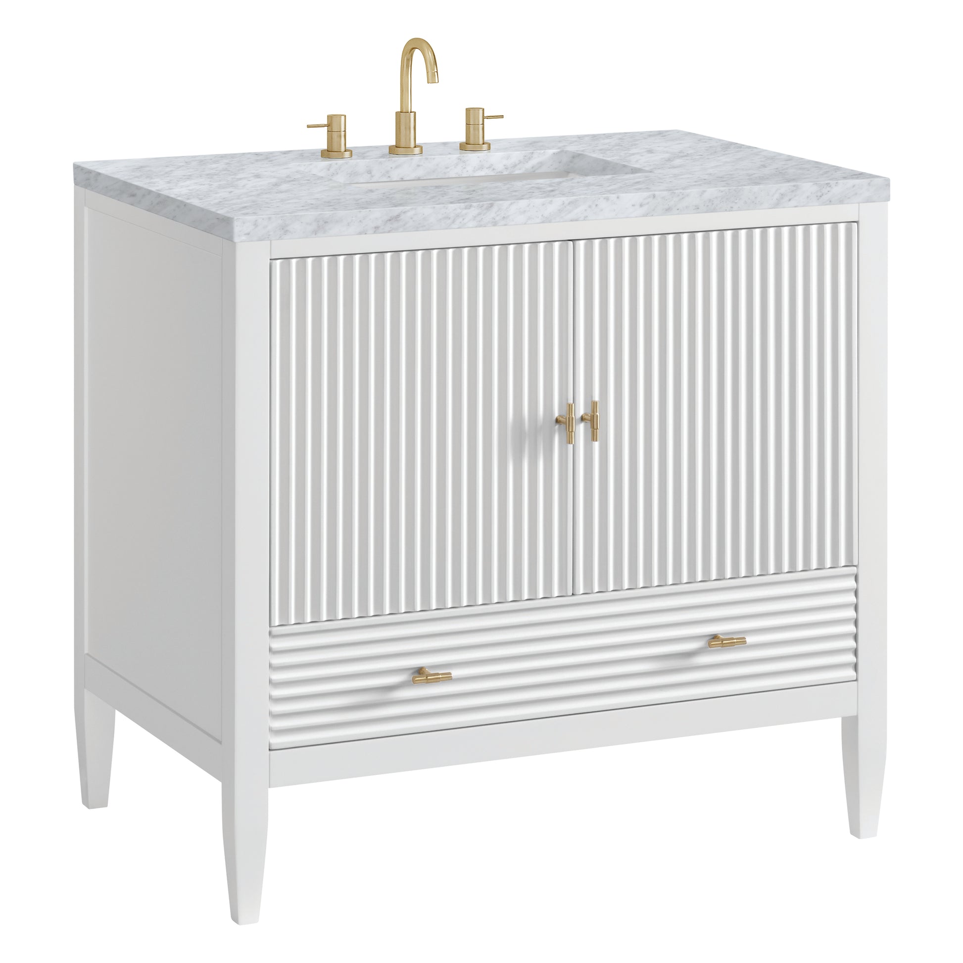 Renovate for Less Atlanta Myrrin 36" Vanity, Bright White w/ 3 CM Carrara White Marble Top