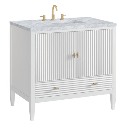 Renovate for Less Atlanta Myrrin 36" Vanity, Bright White w/ 3 CM Carrara White Marble Top