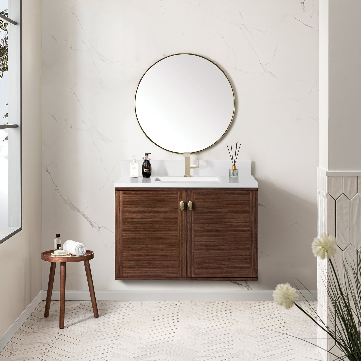 Renovate for Less Atlanta Amberly 36" Single Vanity, Mid-Century Walnut w/ Single Hole 3 CM White Zeus Top & Backsplash