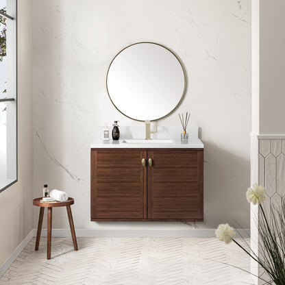 Renovate for Less Atlanta Amberly 36" Single Vanity, Mid-Century Walnut w/ Single Hole 3 CM White Zeus Top & Backsplash