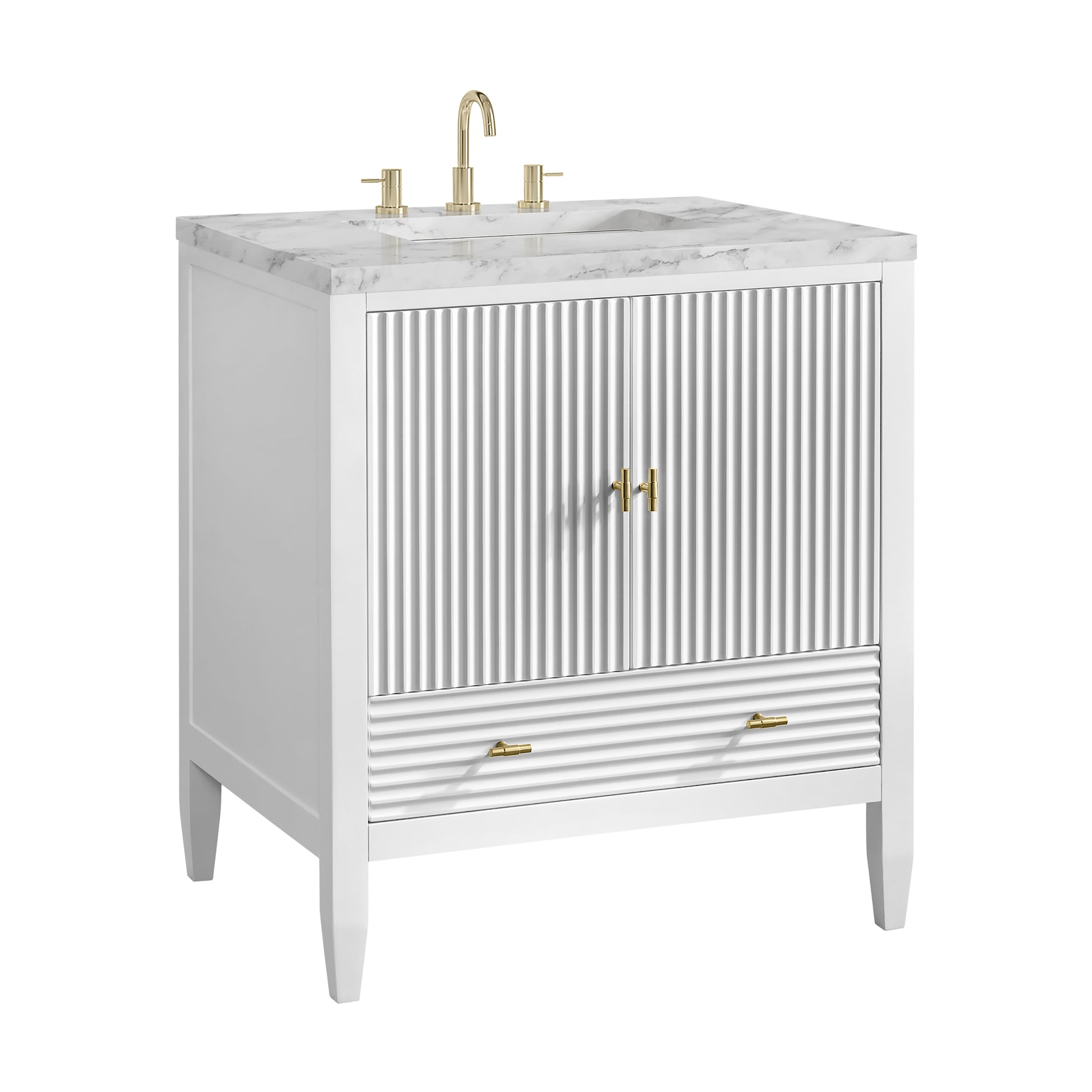 Renovate for Less Atlanta Myrrin 30" Single Vanity, Bright White w/ 3 CM Carrara Marble Top
