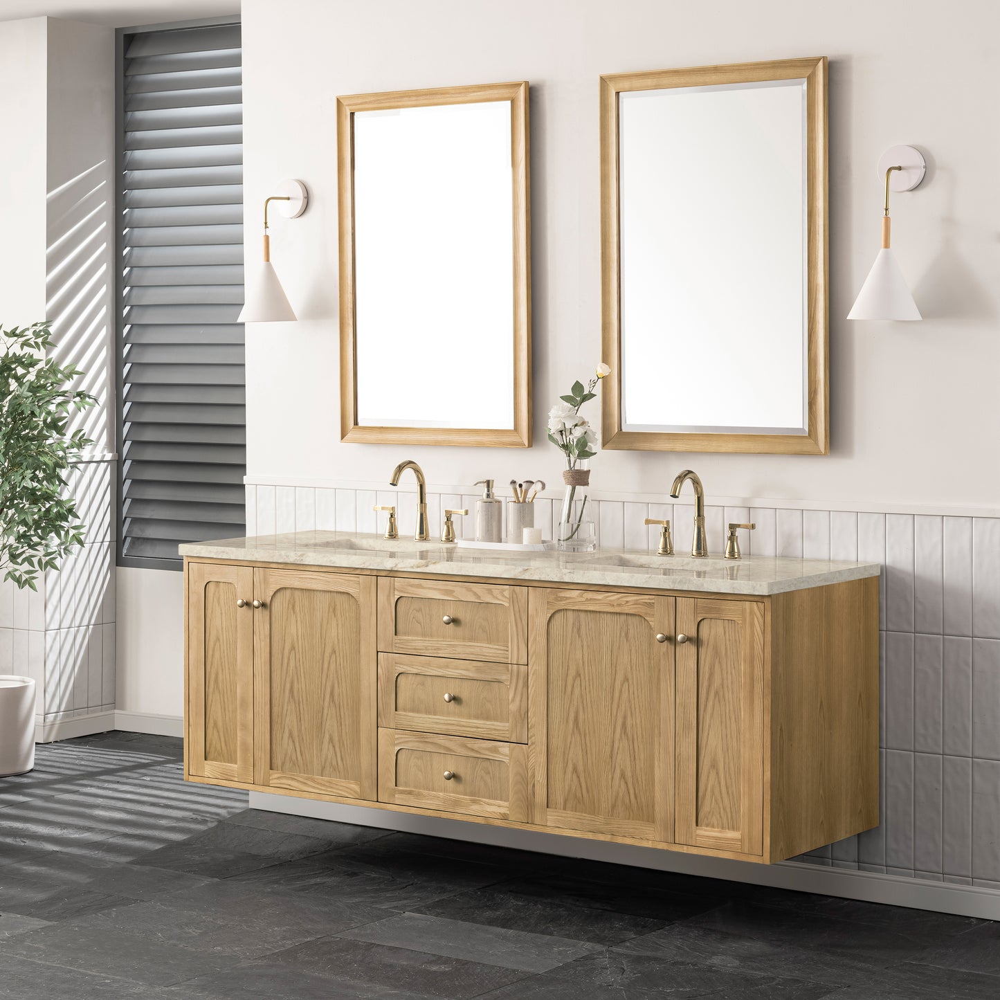 Renovate for Less Atlanta Laurent 72" Double Vanity, Light Natural Oak, w/ 3 CM Tajnar Eclos Top w/FreePower Wireless Charger