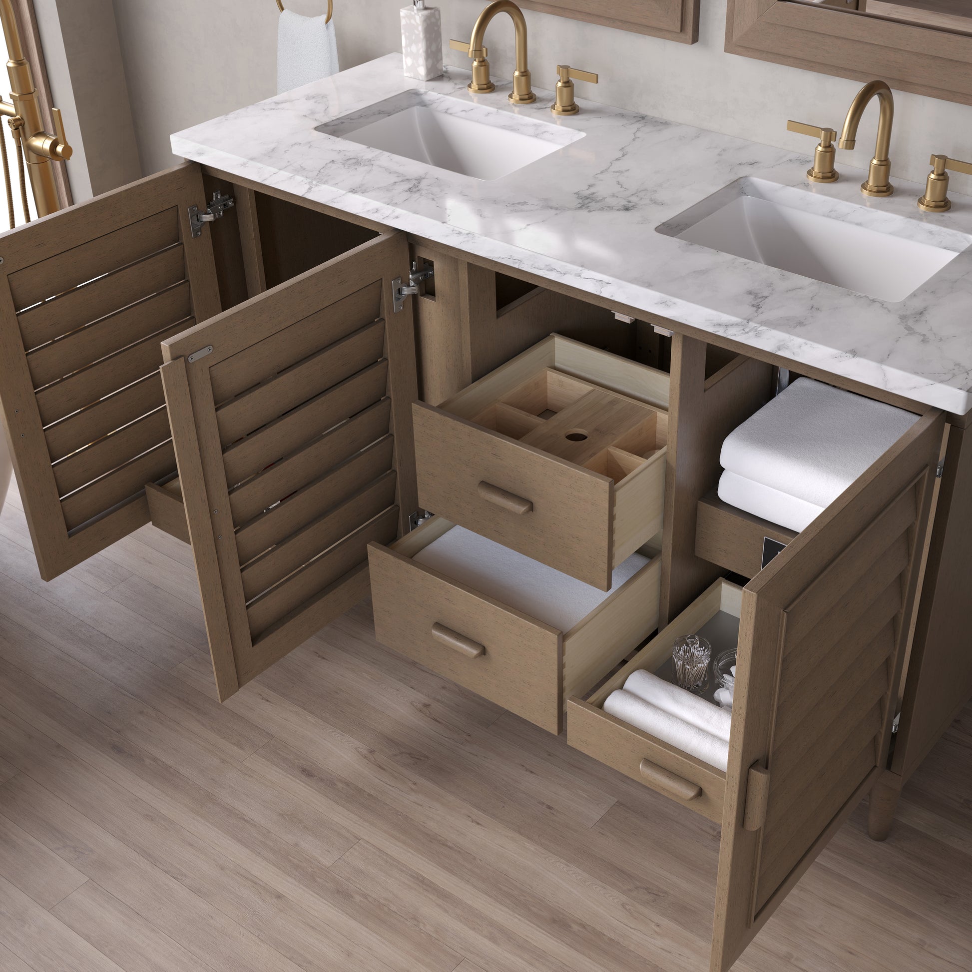 Renovate for Less Atlanta Portland 60" Double Vanity Whitewashed Walnut w/ 3 CM Carrara Marble Top