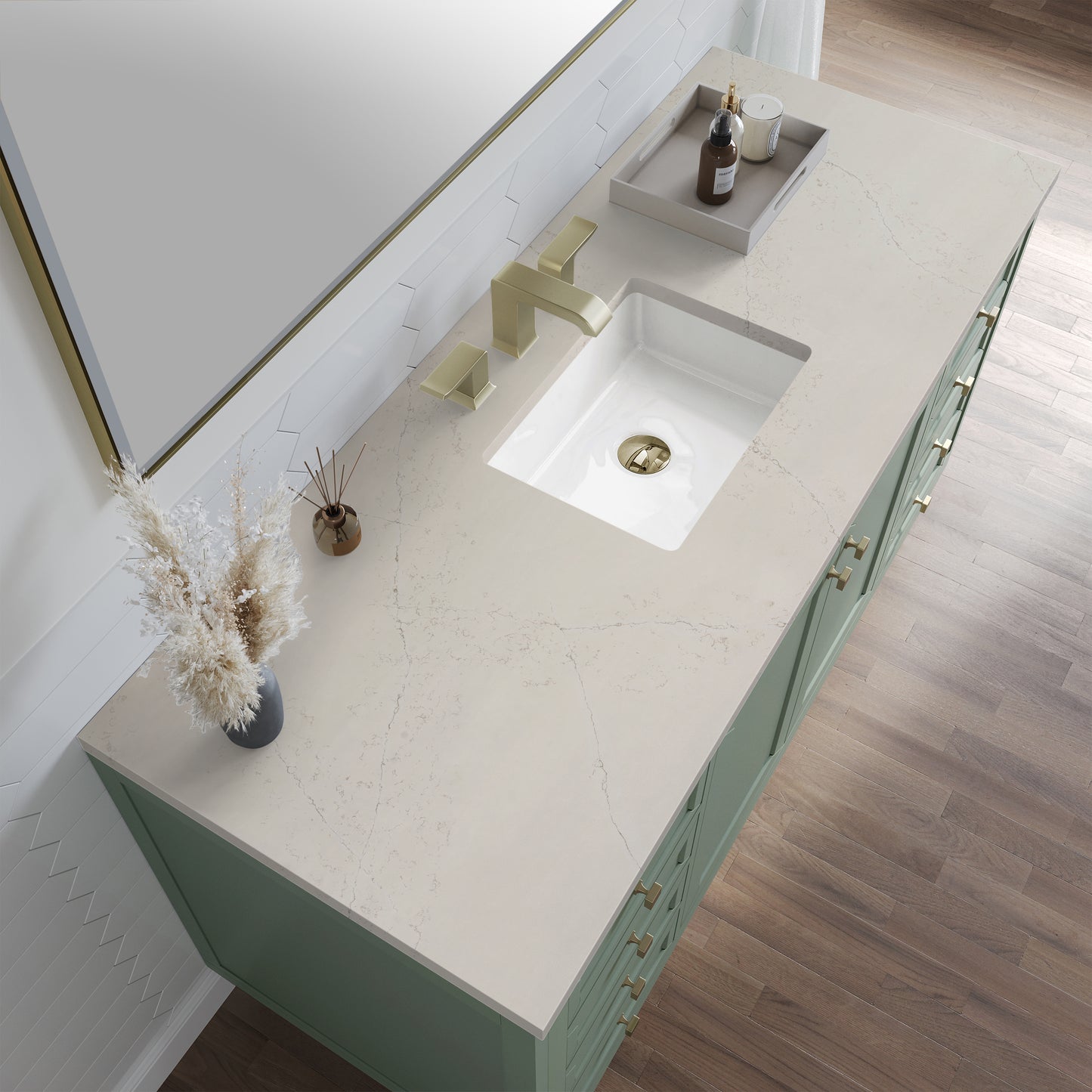 Renovate for Less Atlanta Chicago 60" Single Vanity, Smokey Celadon, w/ 3 CM Siberian Silestone Top