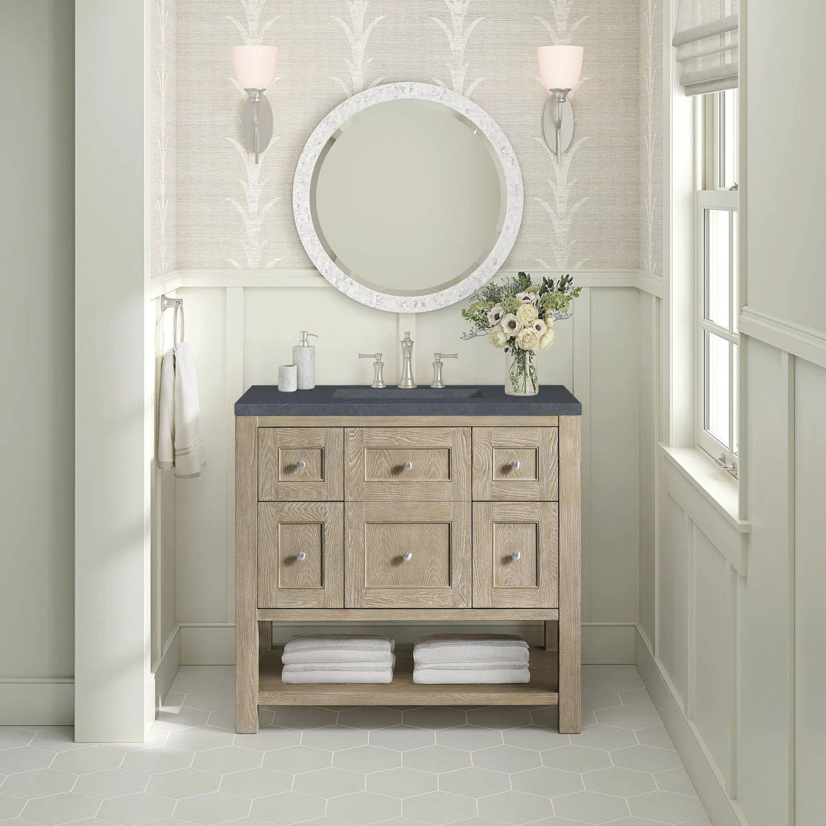 Breckenridge 36" Single Vanity, Whitewashed Oak w/ 3 CM Charcoal Soapstone Silestone Top